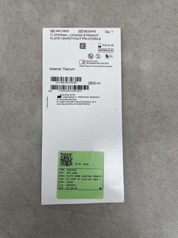 460.046S - SYNTHES - Titanium Sternal Locking Straight Plate, 13 Holes, Sterile, (BX/1) - ( Expiry Date: 2034-02-28 )