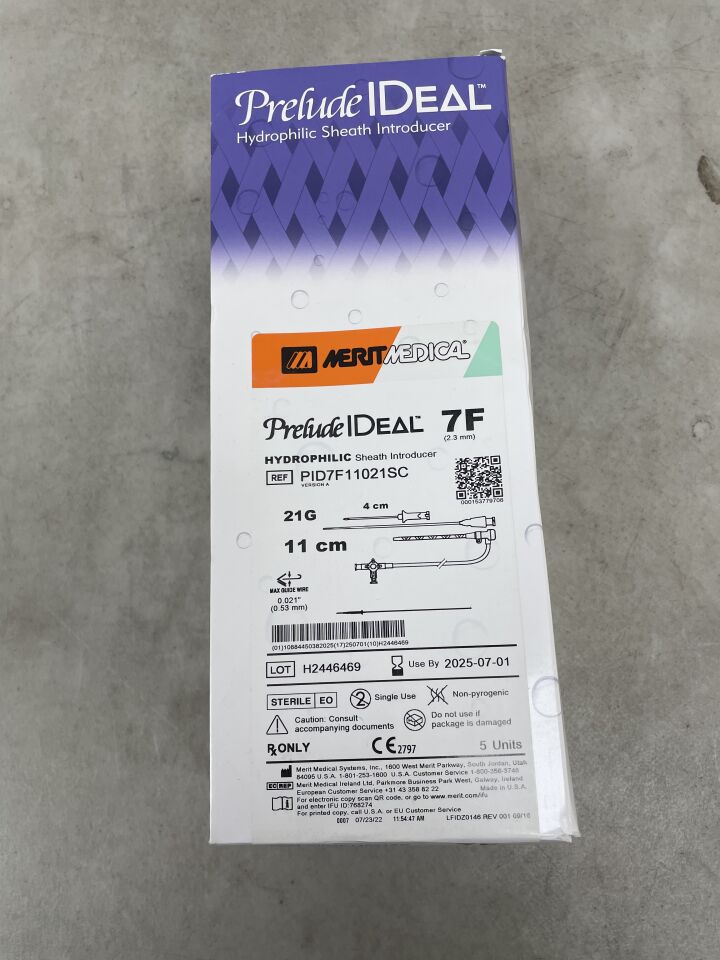 PID7F11021SC - MERIT MEDICAL - Prelude Ideal Hydrophilic Sheath Introducer Kit, 7F x 11cm, 21G Needle, 0.021" x 45cm Spring, (BX/5) - ( Expiry Date: 2025-07-01 )