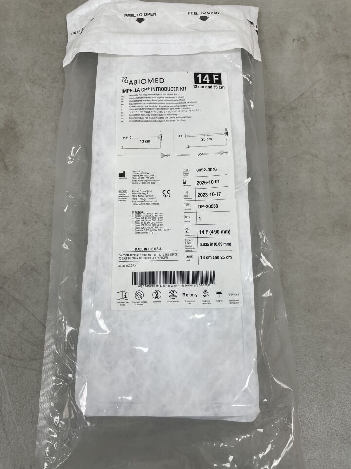 0052-3046 - ABIOMED - Kit introductor para Impella CP - Sistema introductor hemostático desprendible con puerto lateral de infusión - 14 Fr x 13 cm x 25 cm, (unidad) - (Fecha de caducidad: 01/10/2026)