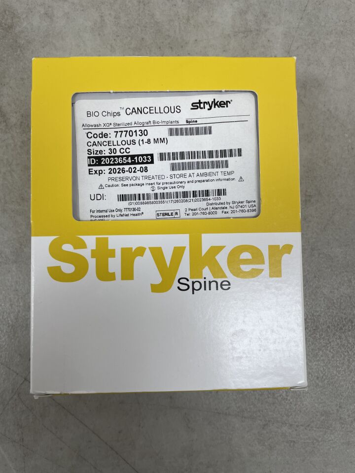 7770130 - STRYKER - BIO Chips Cancellous 1-8mm Particle Range – 30cc , ( BX/1 ) - ( Expiry Date : 2026-02-08 )
