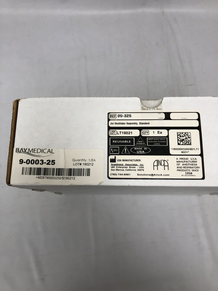 00-325 - ANESTHESIA ASSOCIATES - Jet Ventilator Assembly, Standard, (BX/1) - ( Expiry Date: 2+AP385:AP1589099-01-01 )