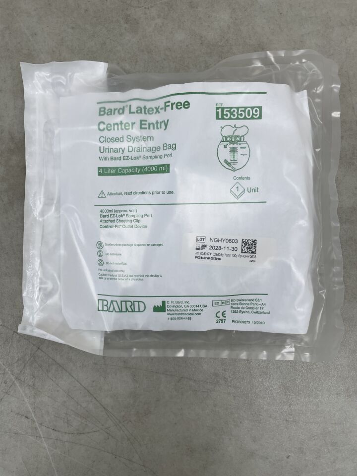 153509 - BARD - Bolsa de drenaje urinario de sistema cerrado con entrada central sin látex y puerto, 4000 ml (Fecha de caducidad: 30/11/2028)