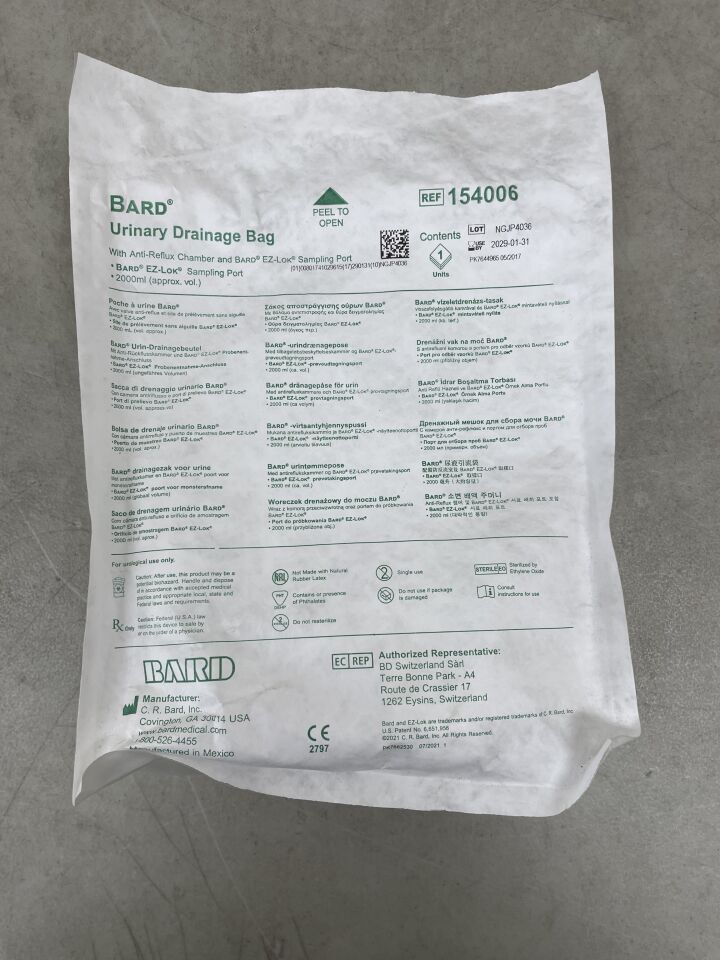 154006 - BARD - Bolsa de drenaje urinario con cámara antirreflujo y puerto de muestreo Bard EZ-Lok, 200 ml (unidad) - (Fecha de caducidad: 31/01/2029)