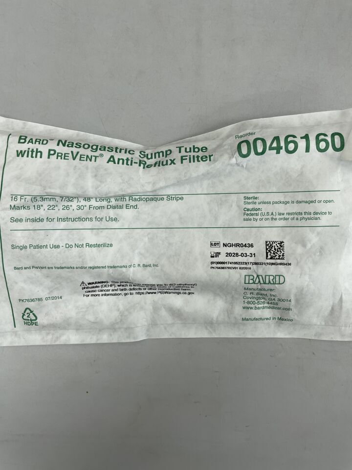 46160 - BARD - Sonda nasogástrica con filtro antirreflujo PreVent, 16 Fr, 48" de largo con bandas radiopacas, (unidad) - (Fecha de caducidad: 31/03/2028)