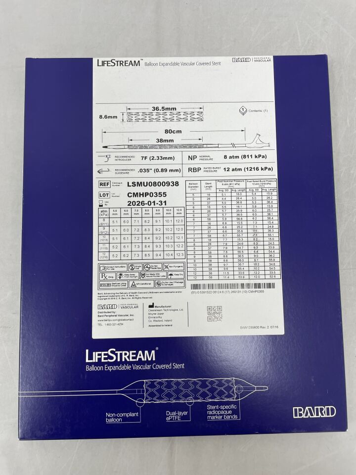 LSMU0800938 - BARD - Stent vascular expandible con balón LifeStream de 9 mm x 38 mm x 80 cm (caja/1) - (Fecha de caducidad: 31/01/2026)