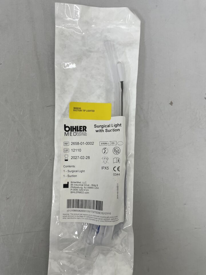 Packaged surgical light with suction, labeled Bihler MED, sterile medical device