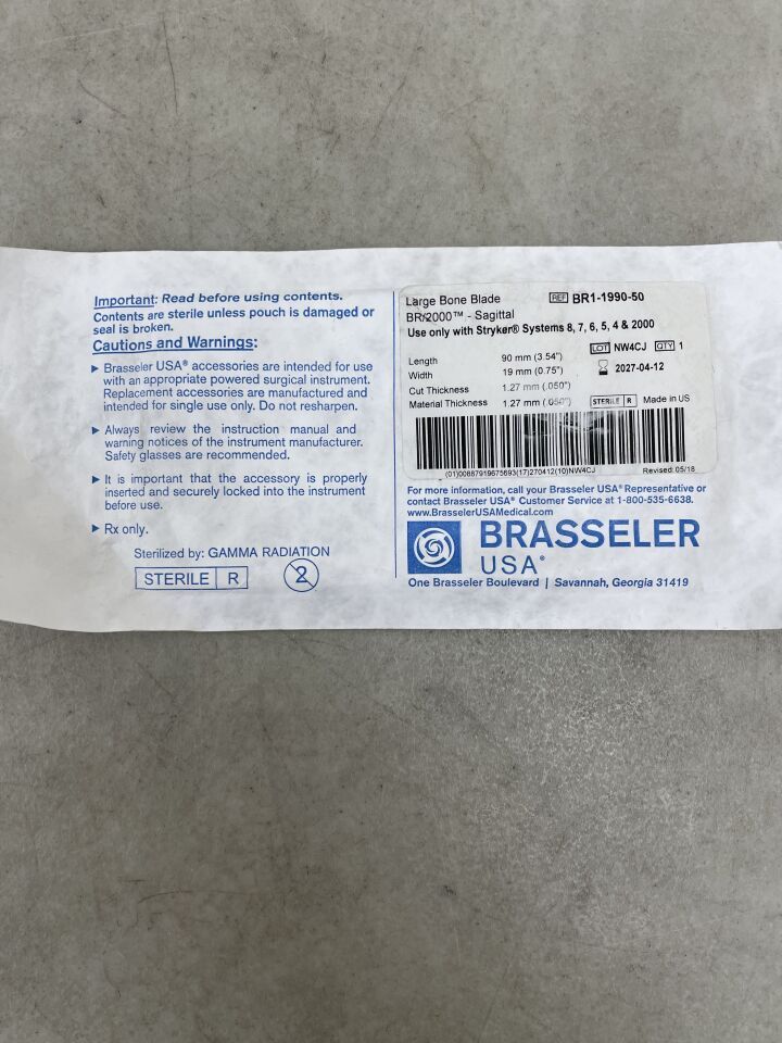 BR1-1990-50 - BRASSELER - Hoja de sierra oscilante para huesos grandes, quirúrgica, 90 x 19 mm, (unidad) - (Fecha de caducidad: 12/04/2027)