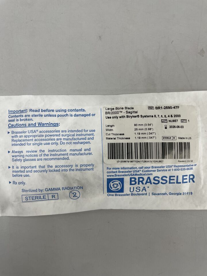 BR1-2590-47F - BRASSELER - Hoja de hueso grande BR/2000 Sagital 90 mm x 25 mm, (unidad) - (Fecha de vencimiento: 03/06/2026)