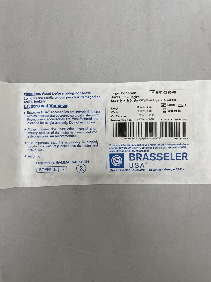 BR1-2590-50 - BRASSELER - Hoja de sierra sagital para huesos grandes, 90 x 25 mm, 1,27 mm de grosor, (unidad) - (Fecha de caducidad: 18/04/2028)