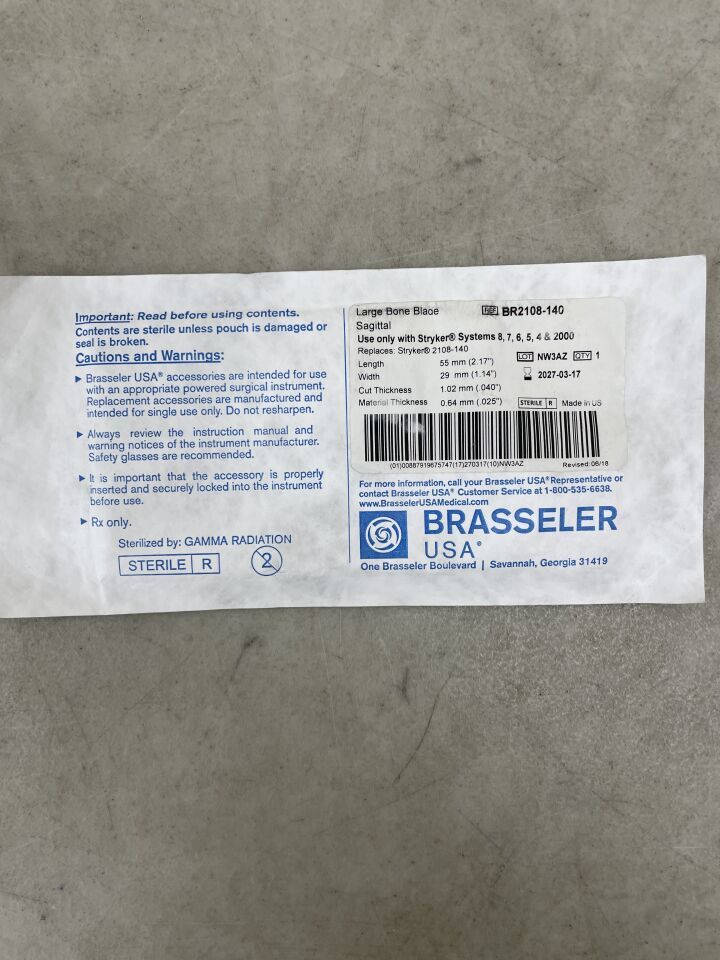 BR2108-140 - BRASSELER - Hoja de sierra sagital para huesos grandes, quirúrgica, 55 x 29 mm, (unidad) - (Fecha de caducidad: 17/03/2027)