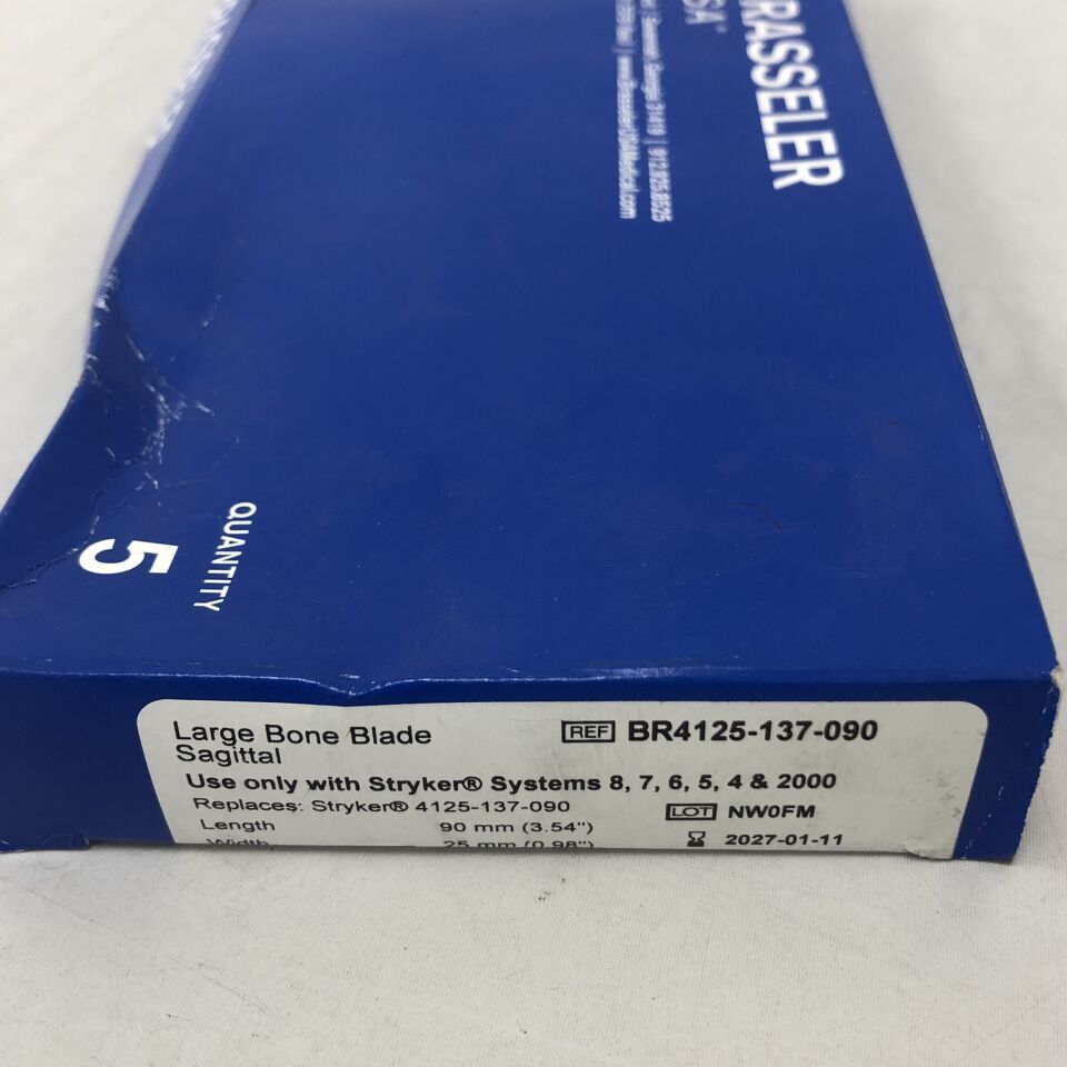 BR4125-137-090 - BRASSELER - Large Bone Blade, Sagital, 90mm length x 25mm width, For use with Stryker Systems 8, 7, 6, 5, 4 & 2000, (BX/5) - ( Expiry Date: 2027-01-11 )