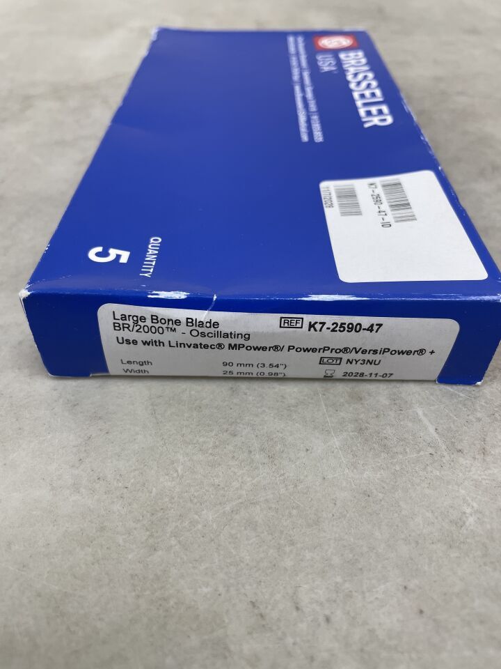 K7-2590-47 - BRASSELER - K7 Series Large Bone Saw Blades – Sagittal/Oscilating BR2000, 90 x 25mm, (BX/5) - ( Expiry Date: 2028-11-07 )