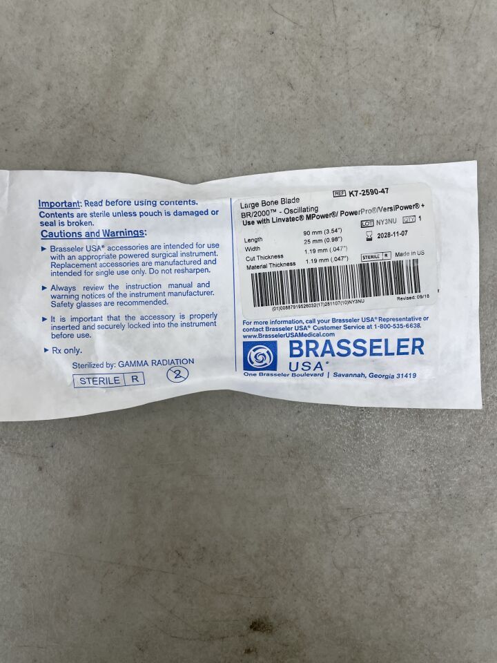 K7-2590-47 - BRASSELER - Large Bone Oscillating Saw Blade, 90 x 25 mm, 1.19 mm Thick, (EA) - ( Expiry Date: 2028-11-07 )