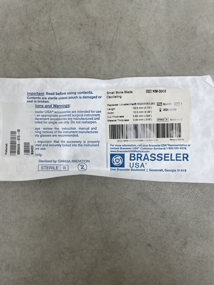 KM-3005 - BRASSELER - Saw Blade, Oscillating, Sterile, 18"x10"x .44 mm, (EA) - ( Expiry Date: 2026-04-09 )