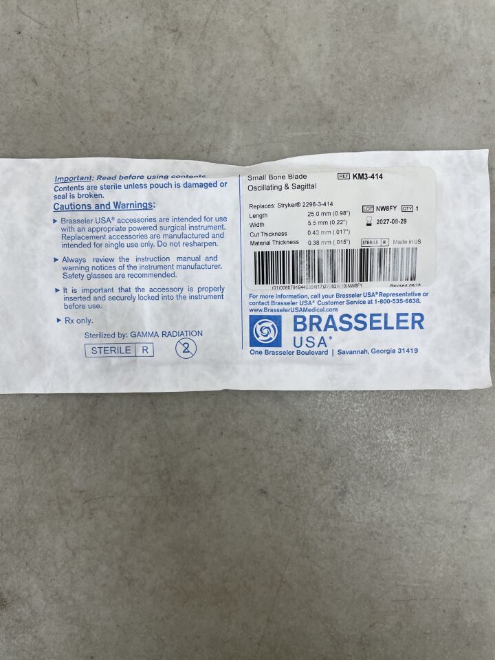 KM3-414 - BRASSELER - Hoja de sierra quirúrgica para esternón, 25,0 x 5,5 mm, (unidad) - (Fecha de caducidad: 29/08/2027)