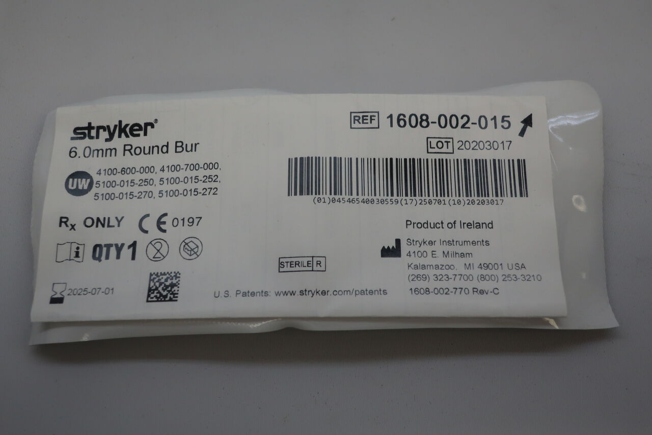 1608-002-015 - STRYKER - Fluted Round Micro Burr, 6 mm Head Diameter, 54 mm Length, (EA) - ( Expiry Date: 2024-03-01 )