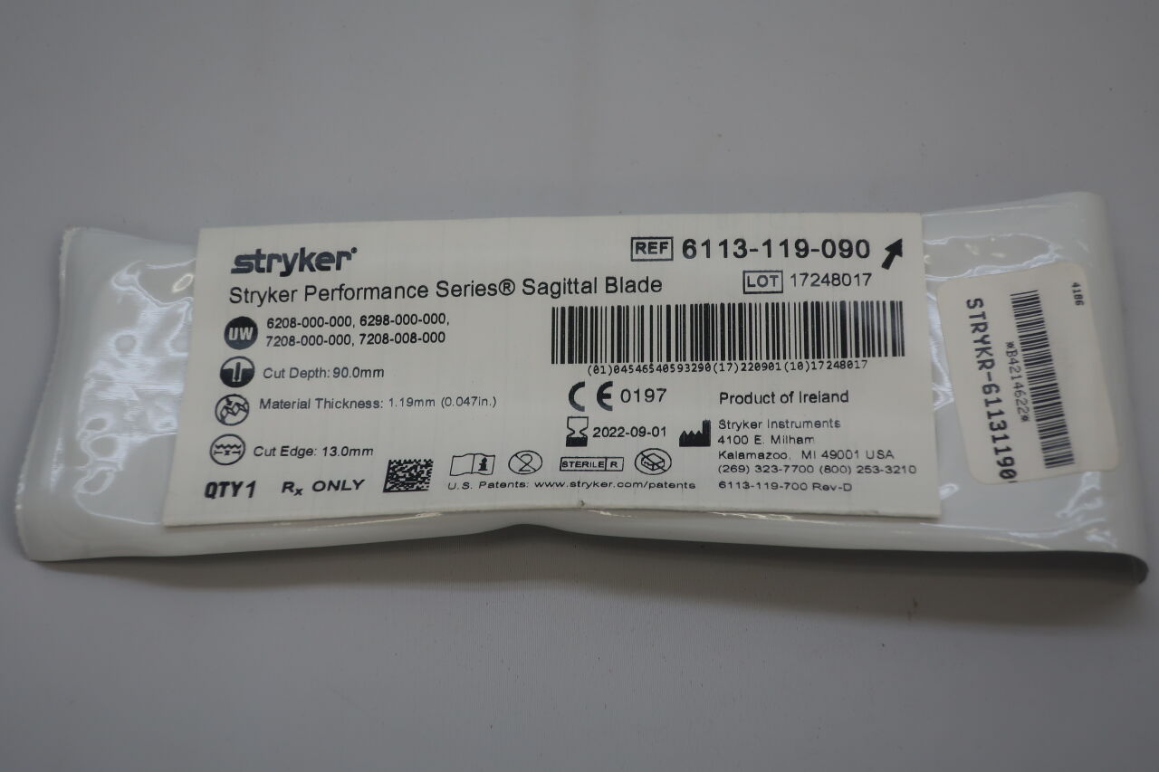6113-119-090 - STRYKER - Sagittal Saw Blade, 90 L x 13 mm W, 1.19 mm Cut Thickness, (EA) - ( Expiry Date: 2024-09-01 )