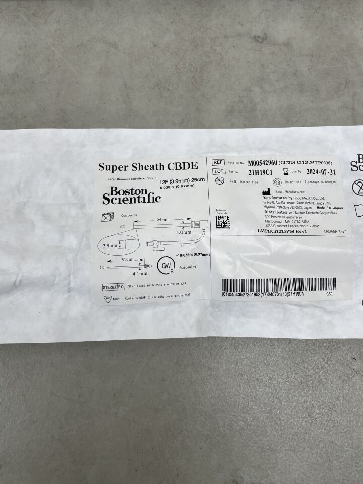 4296 - BOSTON SCIENTIFIC - Super Sheath CBDE, Large Diameter Introducer Sheath, 12F x 25cm, (EA) - ( Expiry Date: 2024-07-31 )