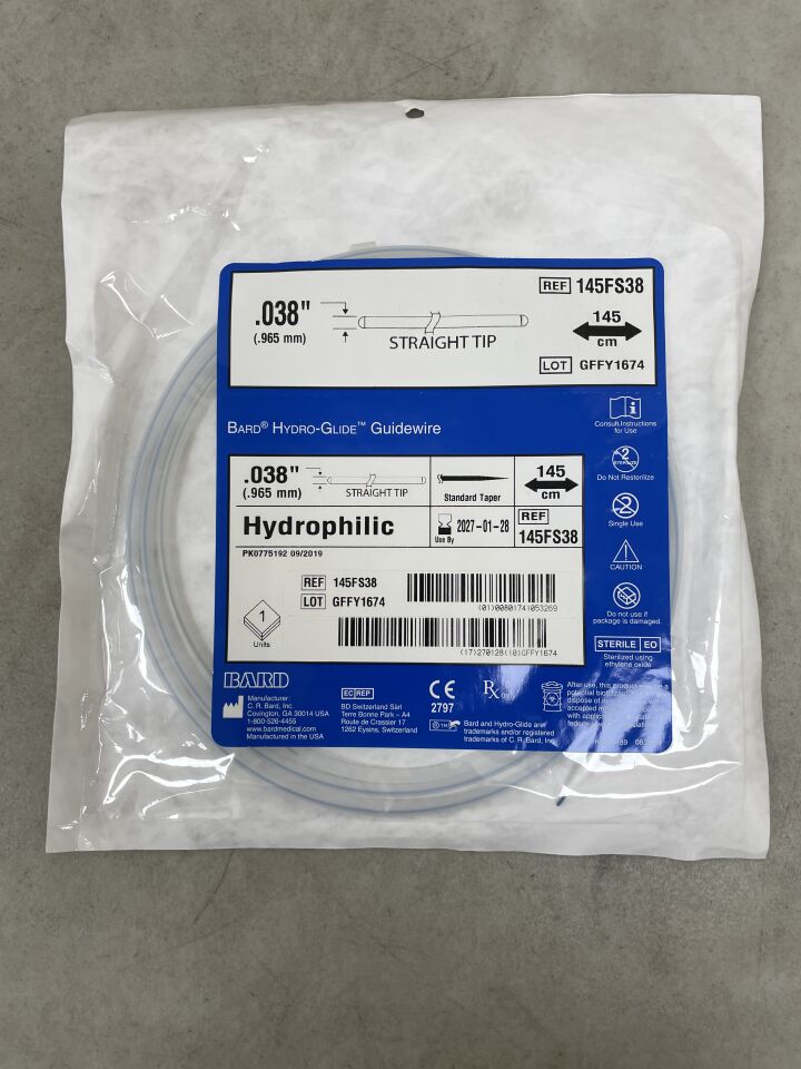 145FS38 - BARD - Guía flexible HydroGlide de punta recta, 0,038 pulg. de diámetro, azul, 145 cm de longitud, (unidad) - (Fecha de caducidad: 28/01/2027)