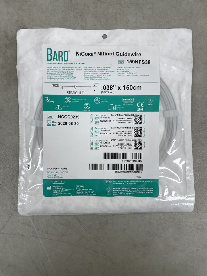 150NFS38 - BARD - Guía de nitinol Nicore: 0,038" x 150 cm, punta recta (unidad) - (Fecha de caducidad: 30/08/2026)
