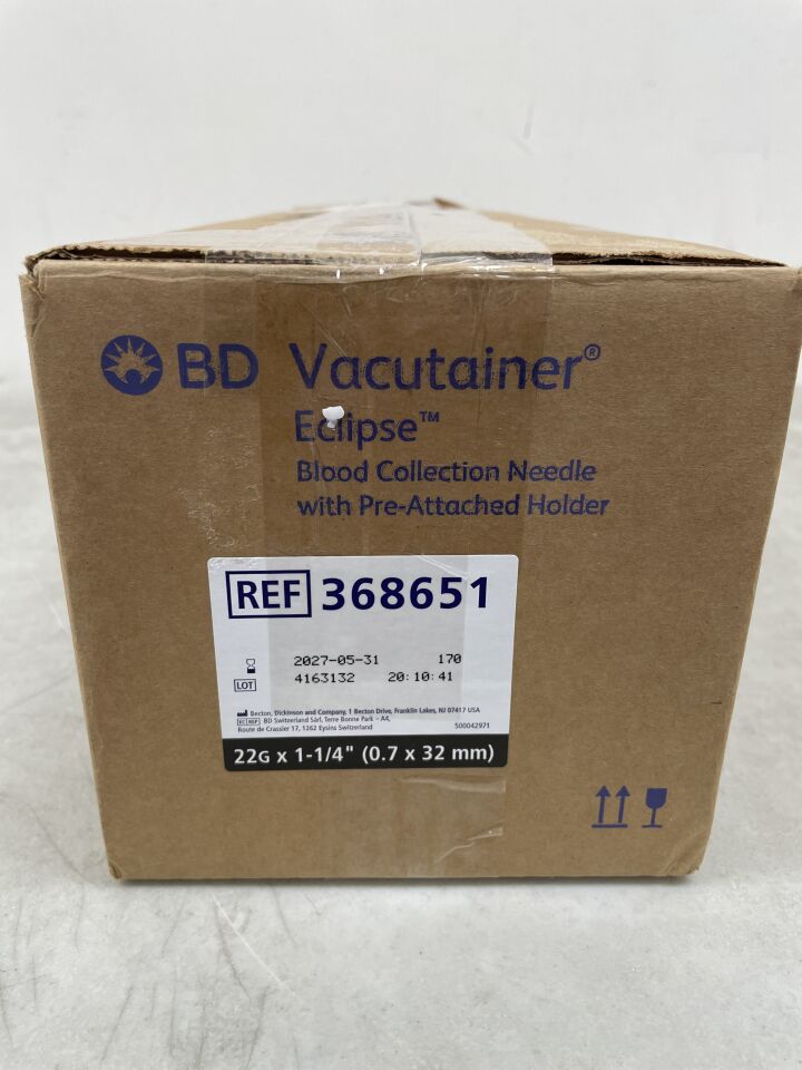 368651 - BD - Vacutainer Eclipse 採血針(帶預裝針座),22G x 1.25 英寸,(盒/100)-(有效期至:2027-05-31)