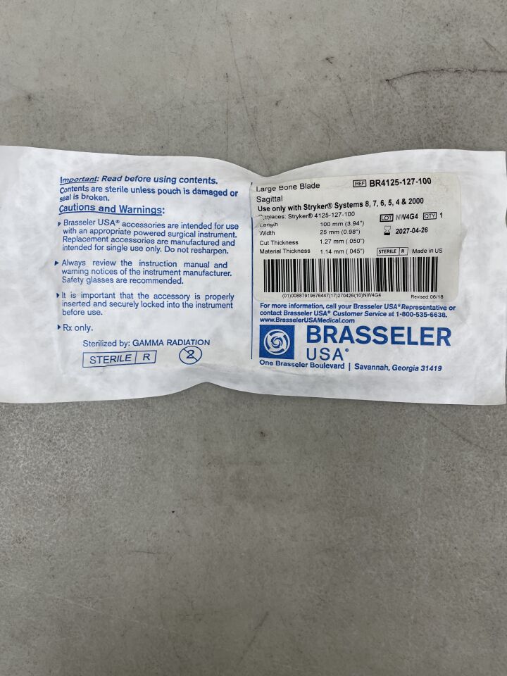 BR4125-127-100 - BRASSELER - Large Bone Blade Sagittal 100mm x 25mm, (EA) - ( Expiry Date: 2027-04-26 )
