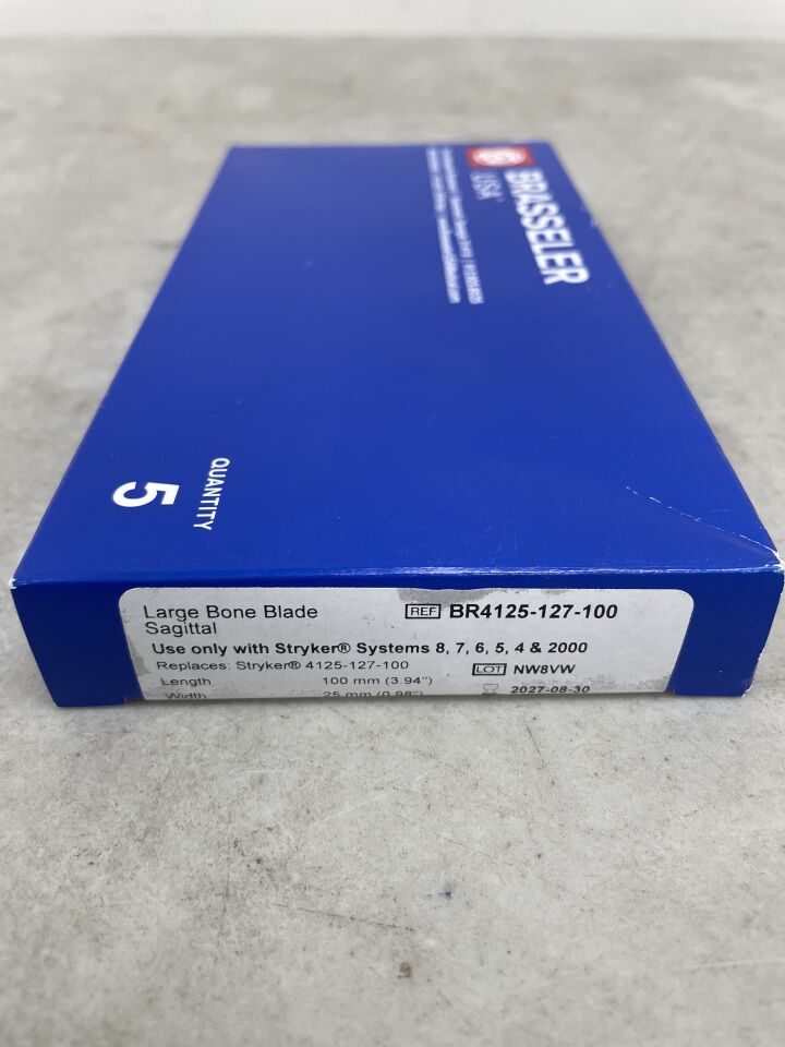 BR4125-127-100 - BRASSELER - Large Bone Blade Sagittal 100mm x 25mm, (BX/5) - ( Expiry Date: 2027-08-30 )