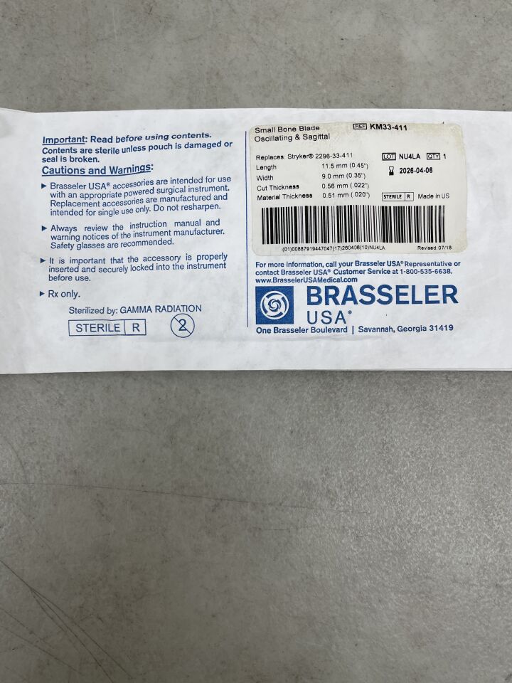 KM33-411 - BRASSELER - Hoja de sierra para huesos pequeños, 11,5 x 9,0 mm, (unidad) - (Fecha de caducidad: 06/04/2026)