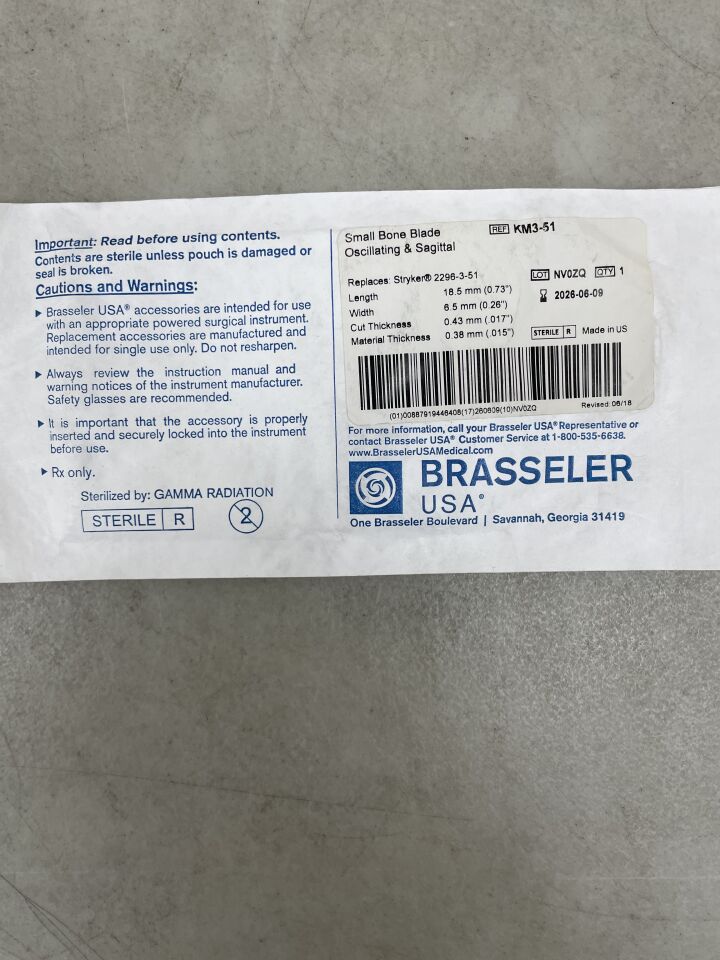 KM3-51 - BRASSELER - Hoja de sierra para huesos pequeños, 18,5 x 6,5 mm, (unidad) - (Fecha de caducidad: 09/06/2026)