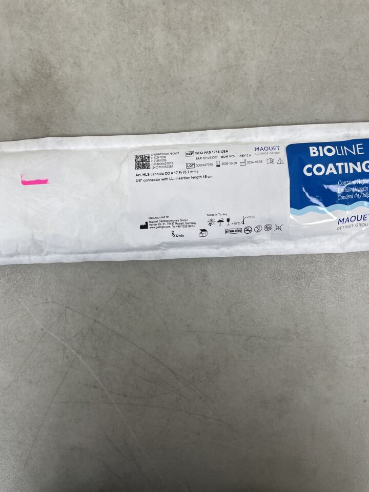 BEQ-PAS 1715-USA - MAQUET - HLS cannula, 17f OD, 3/8 connector with LL, Insertion length 15cm,with Bioline Coating , ( EA ) - ( Expiry Date : 2026-10-09 )