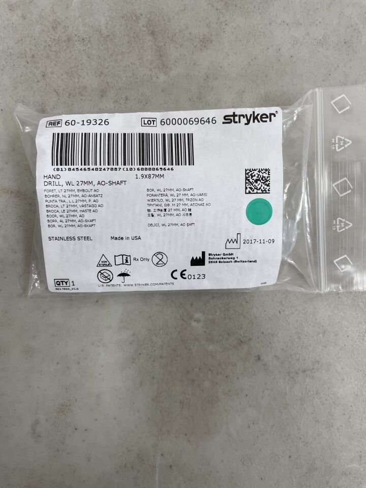 60-19326 - STRYKER - AO End Twist Drill, 1.9 dia. x 27 mm Length , ( EA ) - ( Expiry Date : 2099-12-31 )