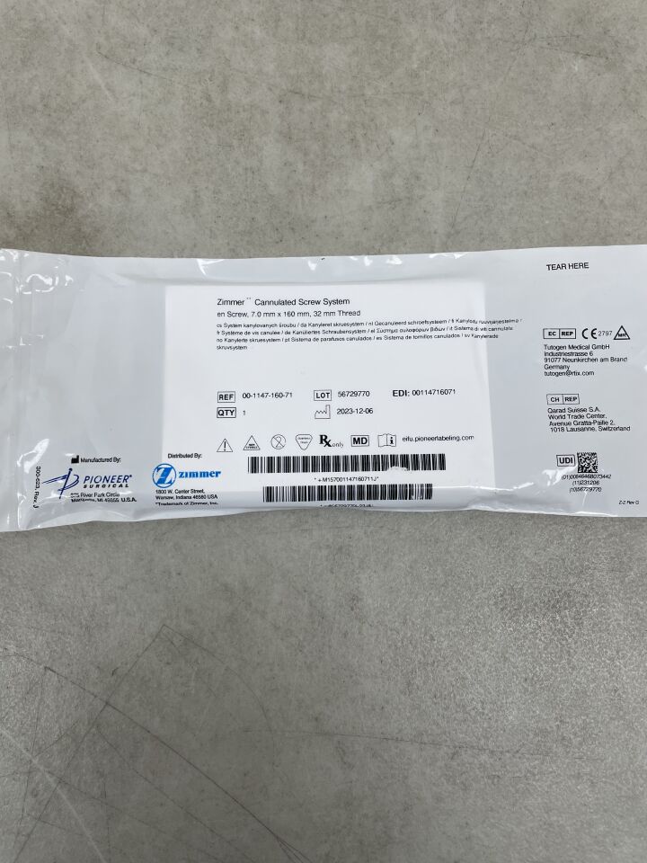 00-1147-160-71 - ZIMMER - Sistema de tornillos canulados, rosca de 32 mm, 7 x 160 mm, (unidades) - (Fecha de caducidad: 2099-12-31)