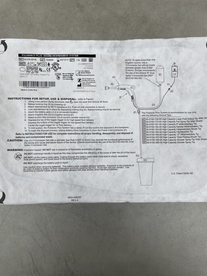 00-5150-420-00 - ZIMMER - Kit de componentes PulsaVac Plus (no incluye punta de desbridamiento), (unidades) - (Fecha de caducidad: 15/03/2027)
