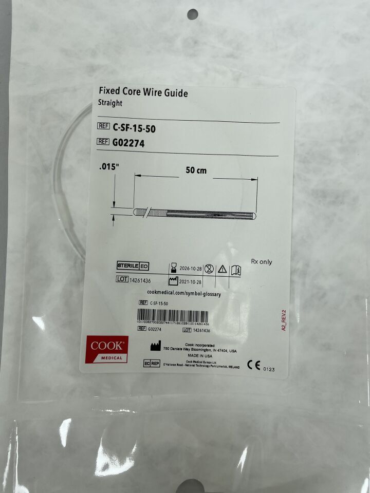 G02274 - COOK - Guía de alambre de núcleo fijo, recta: 0,015" x 50 cm, (unidad) - (Fecha de caducidad: 28/10/2026)