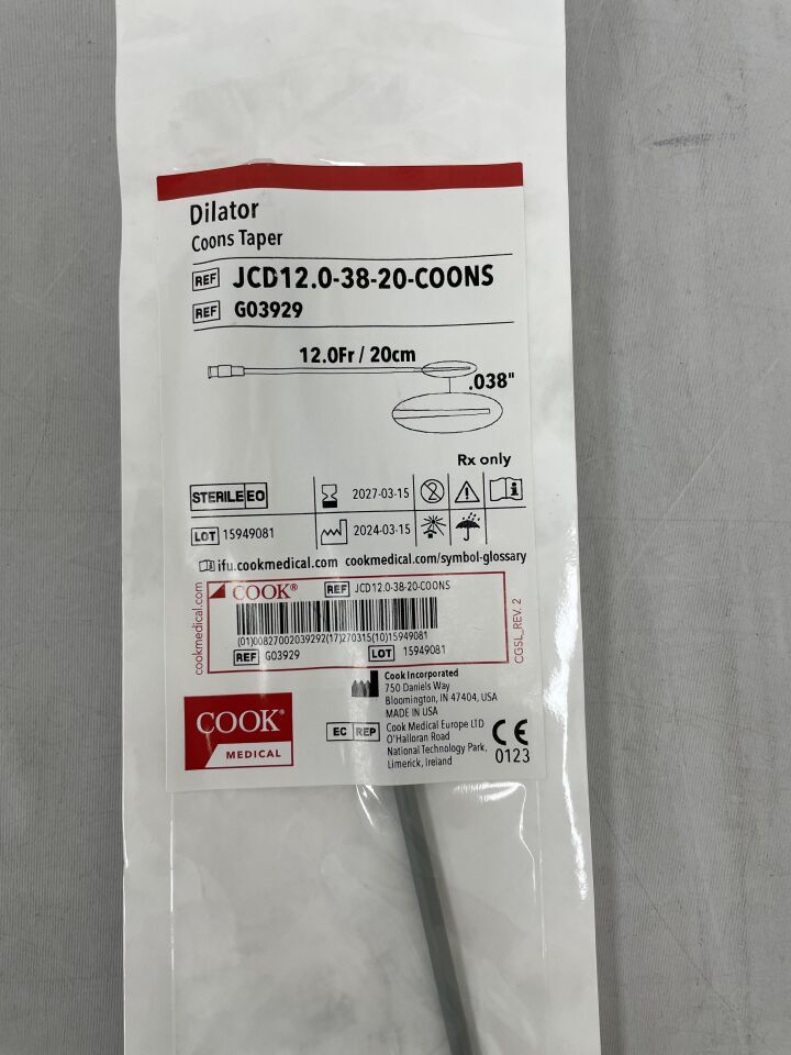 G03929 - COOK - Coon Taper Dilator, 12 Fr, 0.038" Diameter, 20 cm, (EA) - ( Expiry Date: 2027-03-15 )