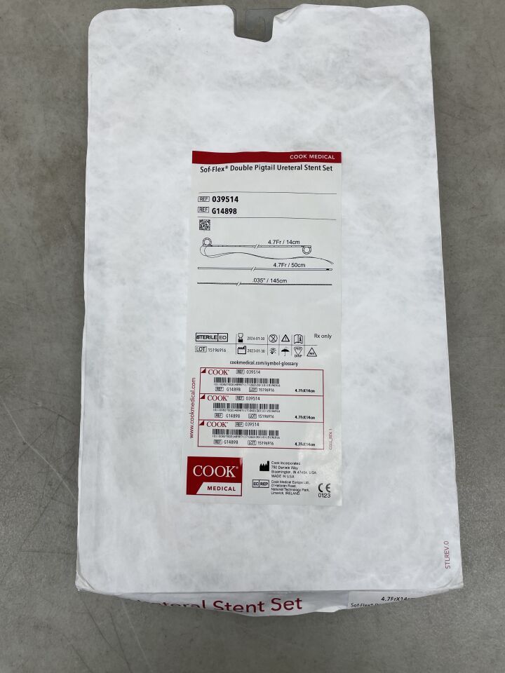 G14898 - COOK - sof-flex 雙豬尾輸尿管支架套裝,較小尺寸帶繫繩 4.7fx 14cm,(EA)-(有效期至:2026-01-30)