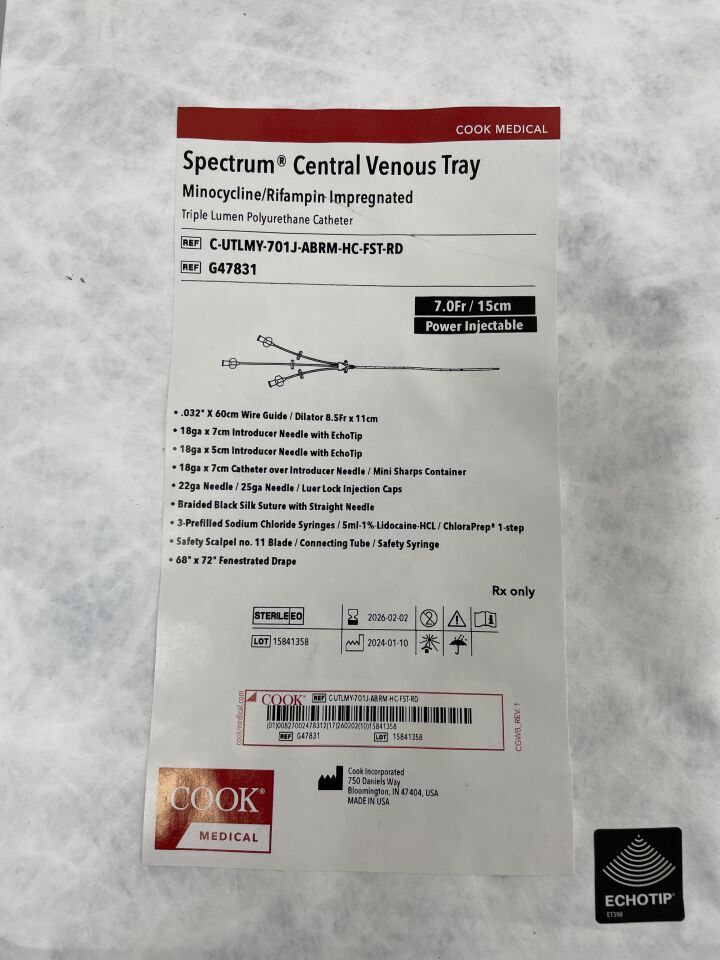 G47831 - COOK - Spectrum 三腔動力注射 CVC 托盤,米諾環素/利福平,7 針 x 15 厘米,(EA)-(有效期:2026-02-02)