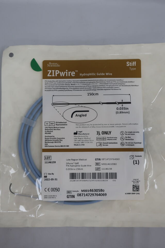 46305B - BOSTON SCIENTIFIC - ZIPwire PTA Hydrophilic Guidewire - Stiff, Angled - .035'' x 150cm, (EA) - ( Expiry Date: 2023-09-11 )