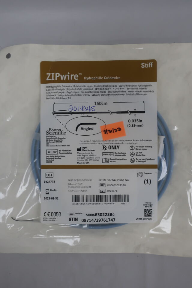 630223B - BOSTON SCIENTIFIC - ZIPwire Hydrophilic Guidewire - Stiff, Angled - .035" x 150cm, (EA) - ( Expiry Date: 2024-02-29 )