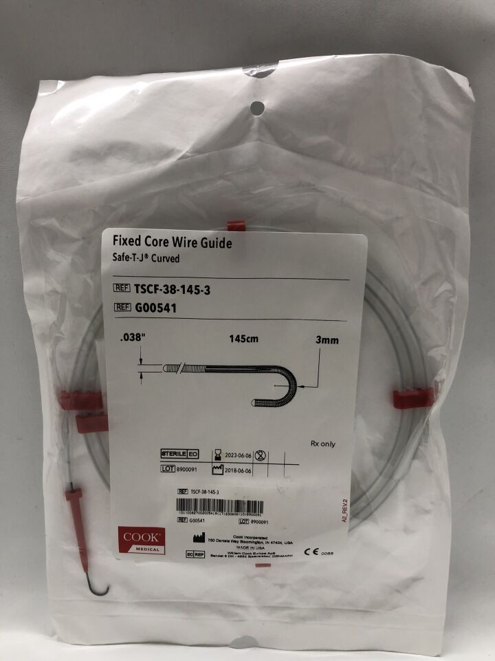 G00541 - COOK - Safe-T-J Curved Tip Fixed-Core Wire Guide, 0.038 in. dia. x 145 cm Length, (EA) - ( Expiry Date: 2024-06-04 )