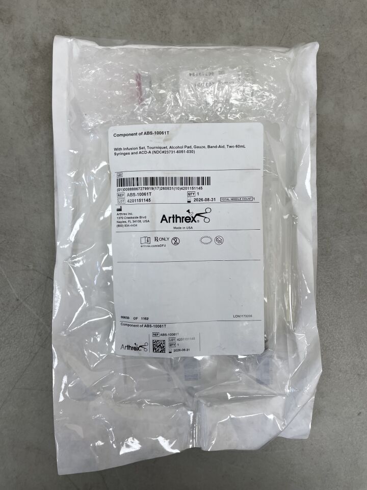 CO-ABS-10061T - ARTHREX - Equipo de infusión, torniquete, gasa con alcohol, gasa, curita, dos jeringas de 60 ml y acd-a, ( EA ) - ( Fecha de caducidad : 2026-08-31 )