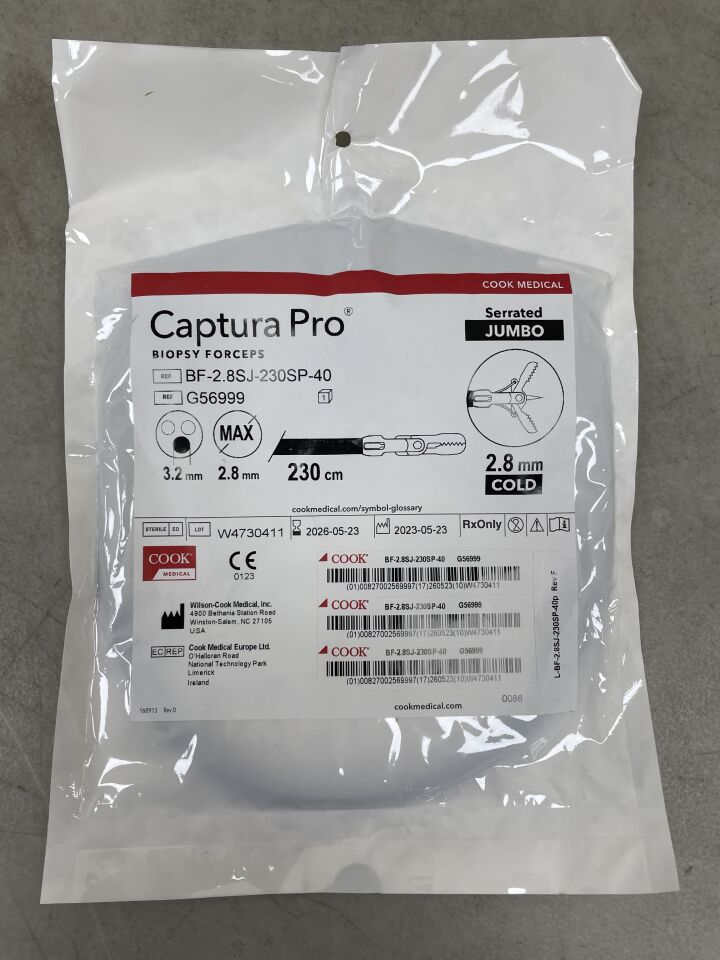 G56999 - COOK - Captura Pro 尖頭鉗口巨型活檢鉗,鉗口直徑 2.8 毫米,鉗桿長度 230 厘米,(EA)-(有效期至:2026-05-23)