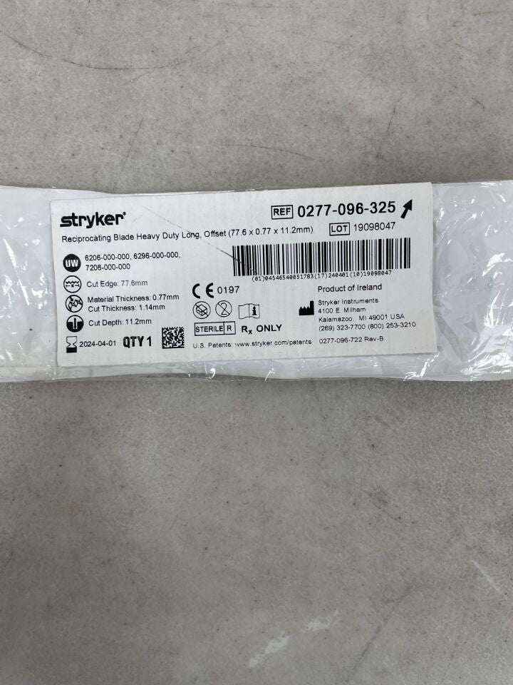 0277-096-325 - STRYKER - Heavy Duty Long Reciprocating Saw Blade, 77.6 mm Cut Edge,, (EA) - ( Expiry Date: 2024-04-01 )