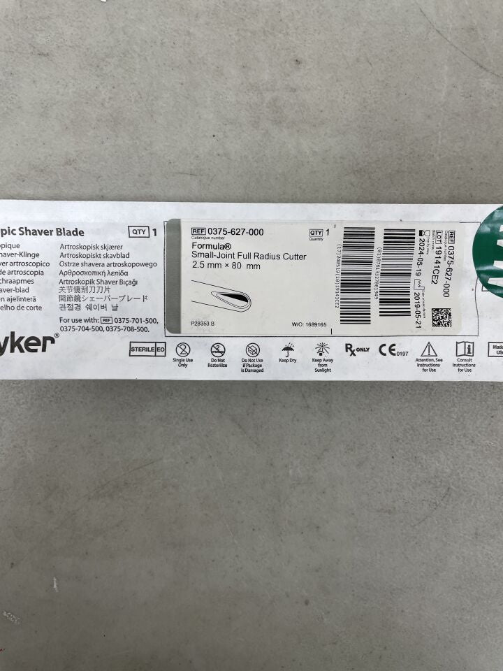 0375-627-000 - STRYKER - Formula Small-Joint Full Radius Cutter, Arthroscopic Shaver Blade, 2.5mm x 80mm, (EA) - ( Expiry Date: 2024-05-19 )