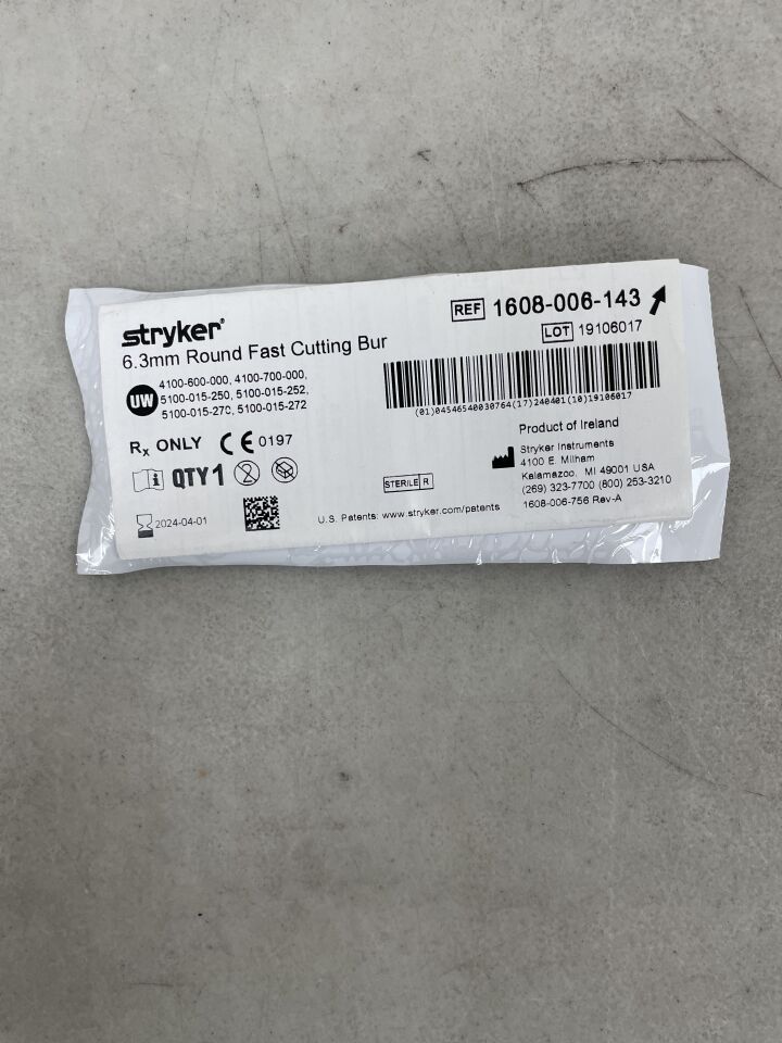 1608-006-143 - STRYKER - Round Stainless Steel Fast Cutting Burr, 6.1 mm Head Diameter, (EA) - ( Expiry Date: 2024-04-01 )