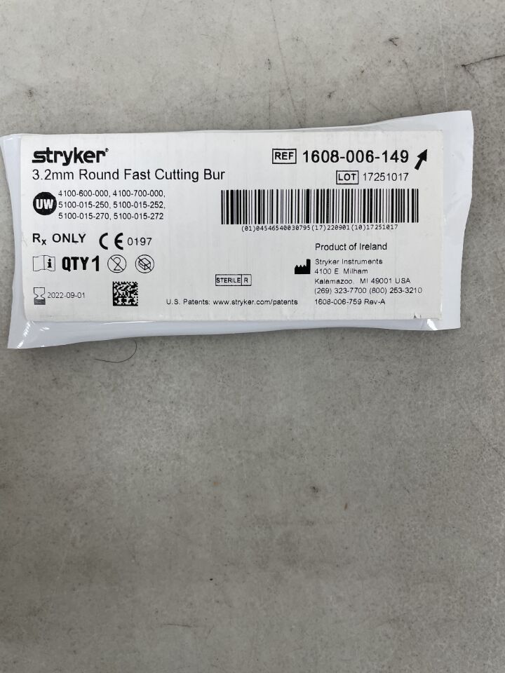 1608-006-149 - STRYKER - Round Stainless Steel Fast Cutting Burr, 3.2 mm Head Diame, (EA) - ( Expiry Date: 2022-09-01 )