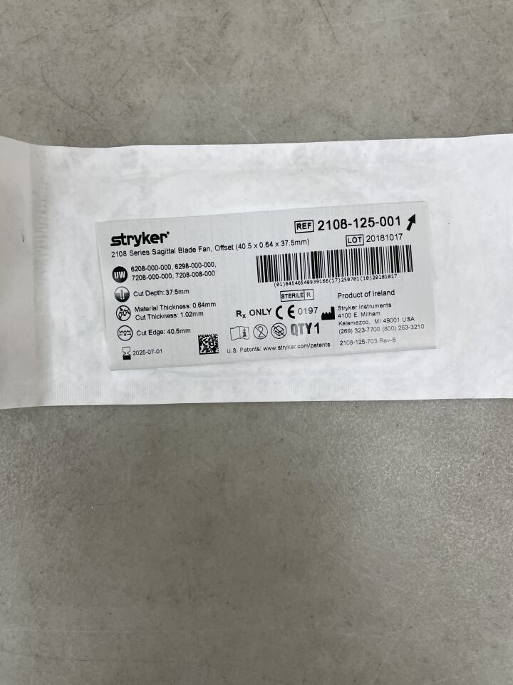 2108-125-001 - STRYKER - Special Sagittal Saw Blade, 0.64 mm Thickness, 40.5 mm Cut Edge, (EA) - ( Expiry Date: 2025-07-01 )