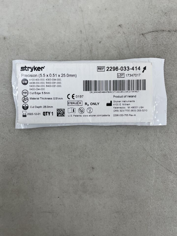 2296-033-414 - STRYKER - Thick Micro Oscillating/Sagittal Saw Blade, 25 L x 5.5 mm, (EA) - ( Expiry Date: 2022-12-01 )