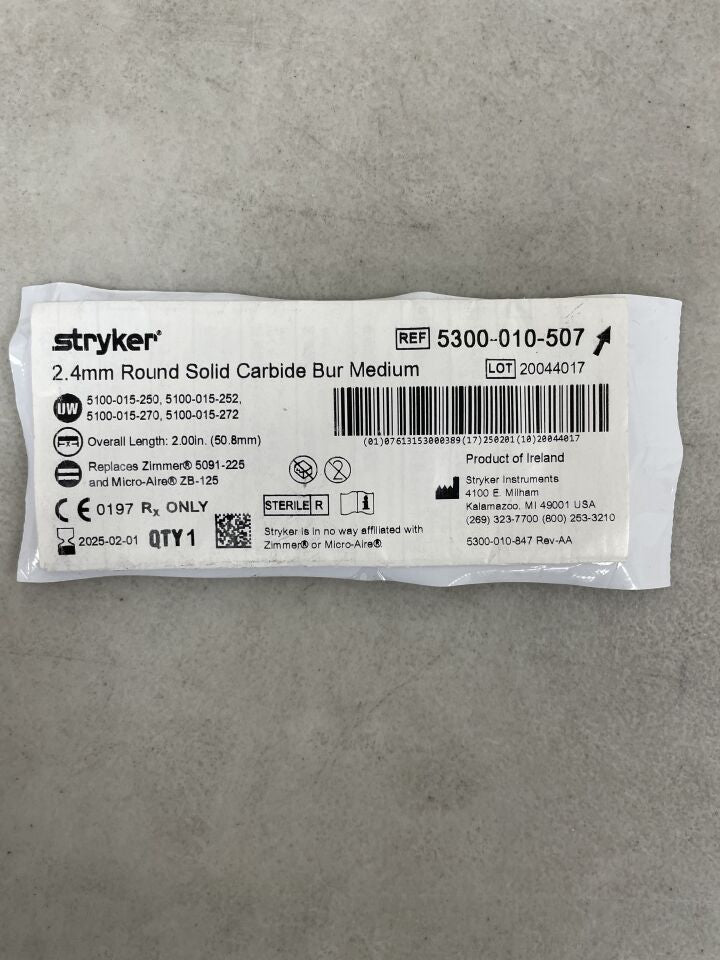 5300-010-507 - STRYKER - Fluted Solid Round Micro Burr, 2.4 mm Head Diameter, 50.8 mm Length, (EA) - ( Expiry Date: 2025-02-01 )