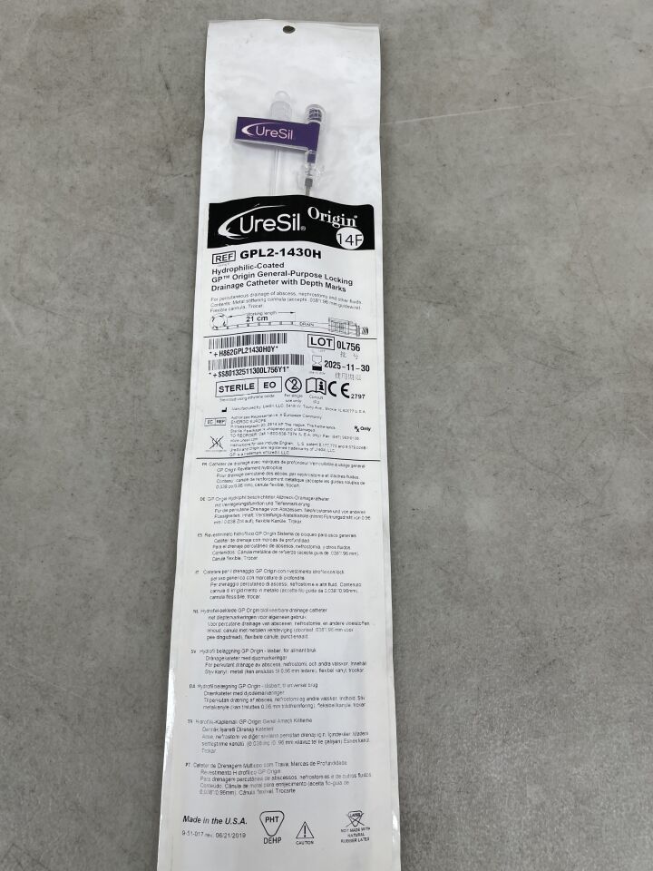 GPL2-1430H - URESIL - Origin Hydrophilic GP Origin Locking Drainage Catheter, 14F x 21cm, (EA) - ( Expiry Date: 2025-11-30 )